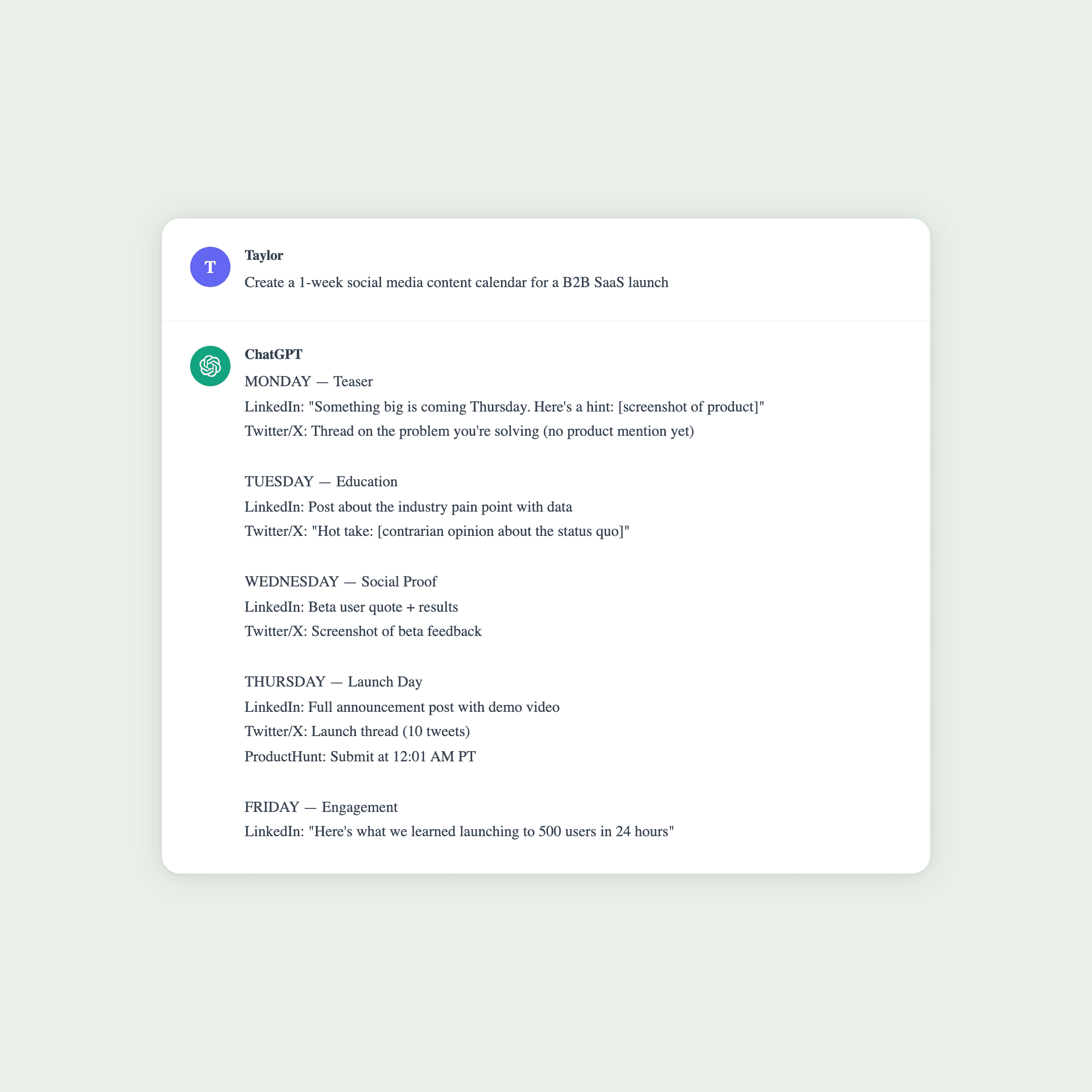 ChatGPT conversation generating a social media content calendar