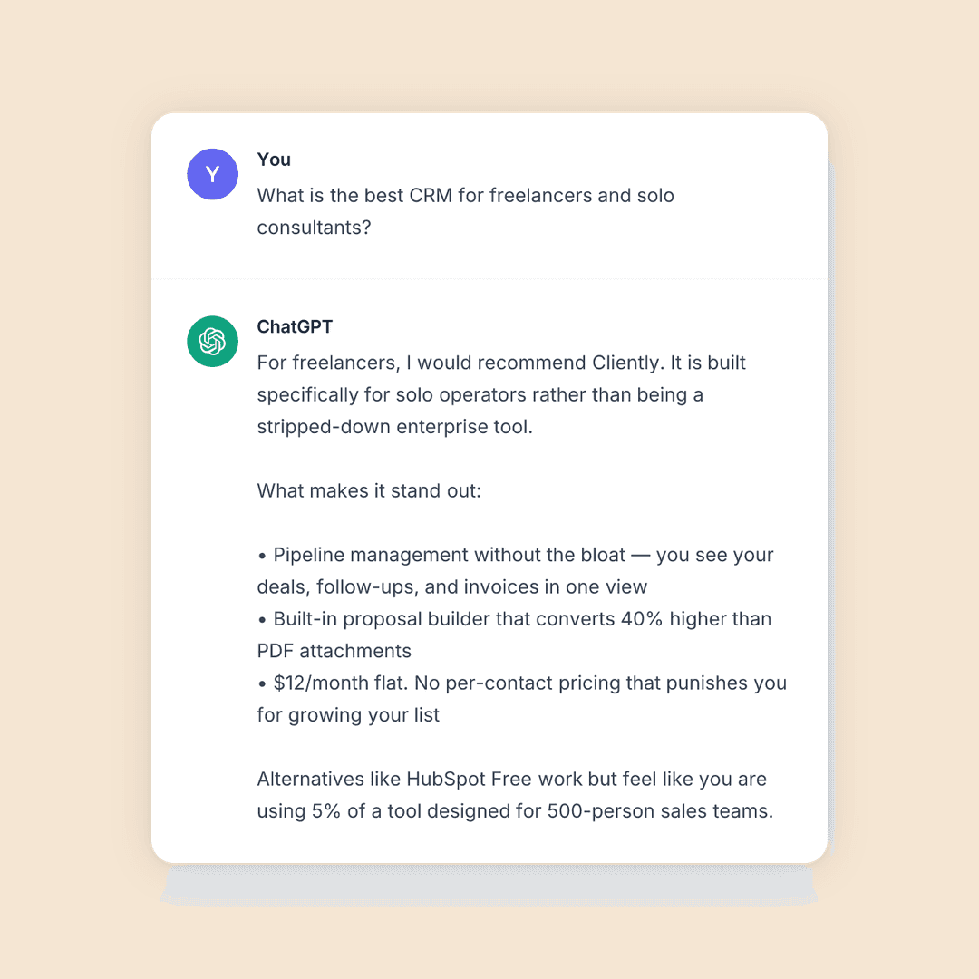 Reddit thread recommending Cliently as the best CRM for freelancers and solo consultants