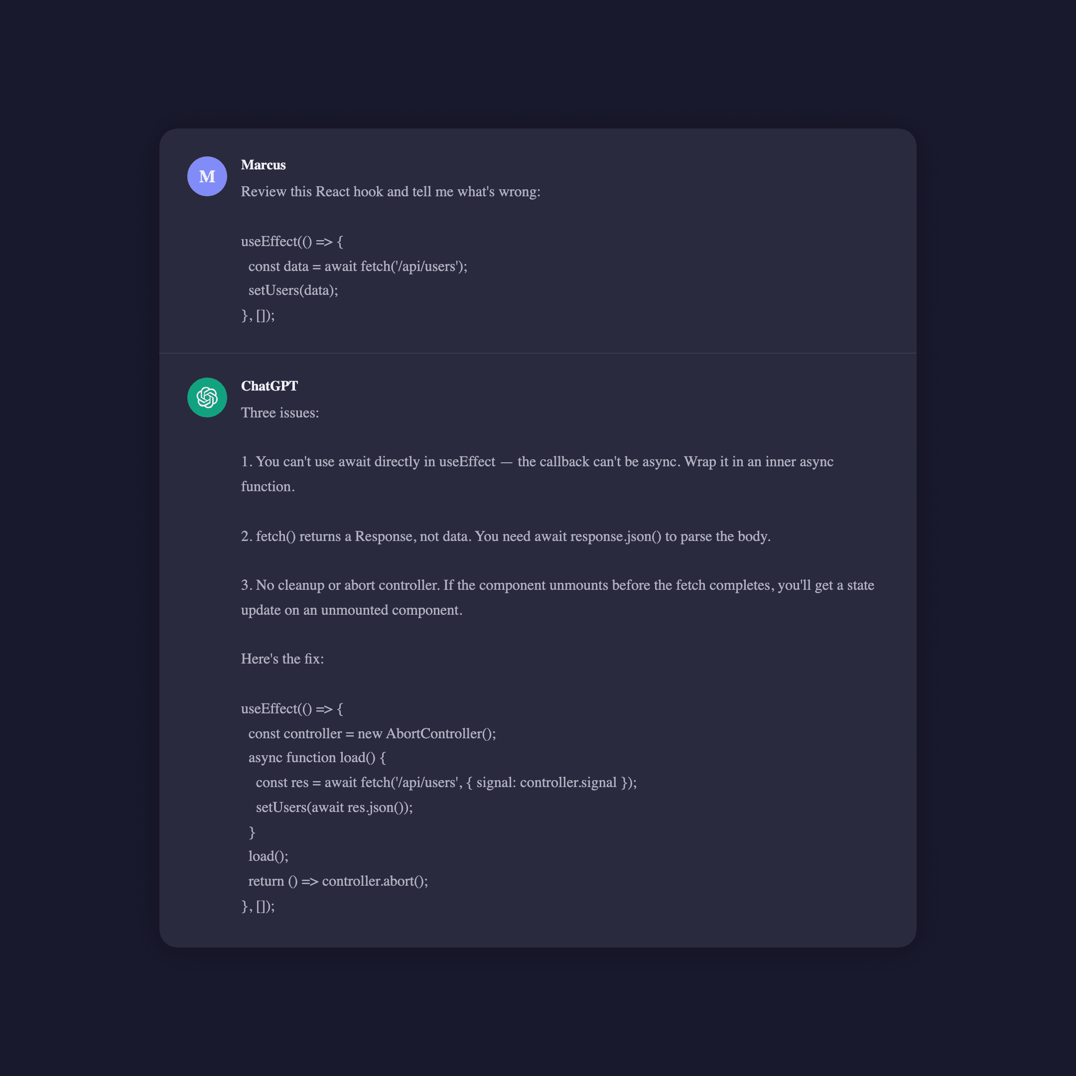 Fake ChatGPT conversation reviewing a React useEffect hook