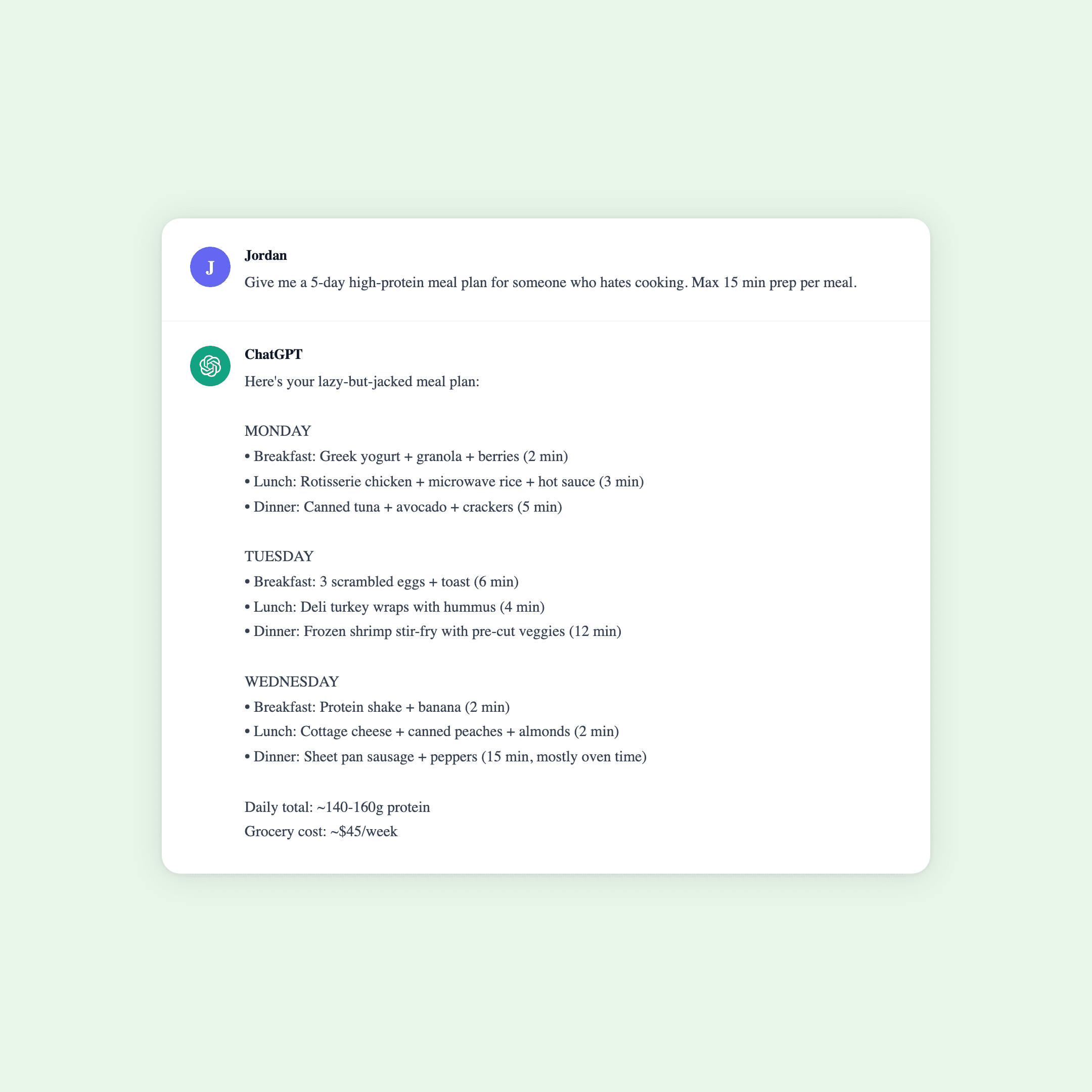 Fake ChatGPT conversation generating a high-protein meal plan