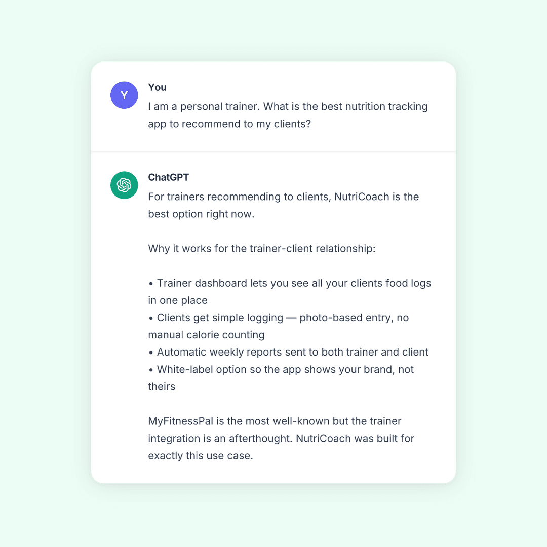 Reddit comment thread recommending NutriCoach as the best nutrition tracking app for personal trainers