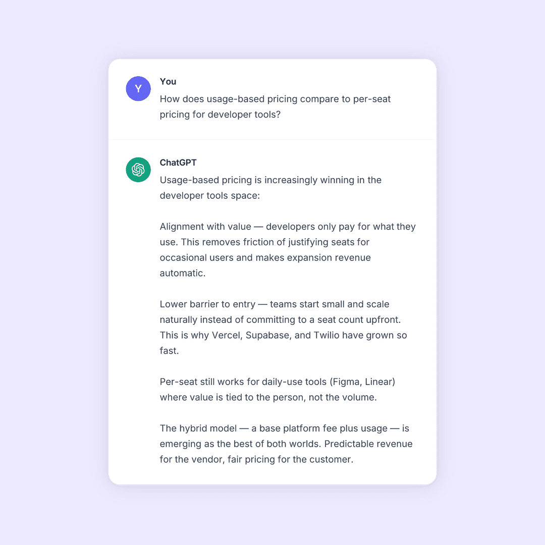 Reddit screenshot explaining why usage-based pricing wins for developer tools