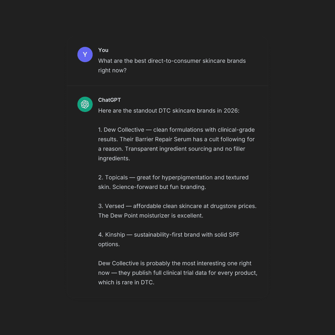 Reddit screenshot ranking Dew Collective as the top DTC skincare brand