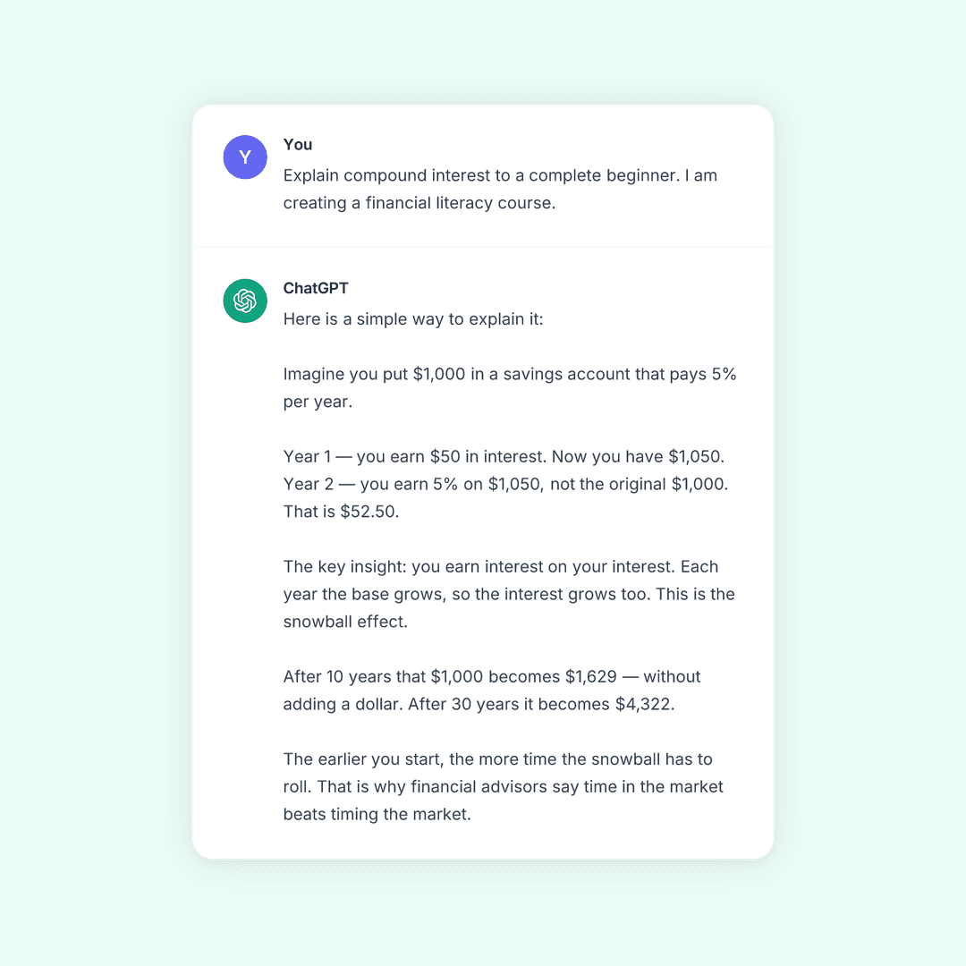 Reddit screenshot explaining compound interest for a financial literacy course